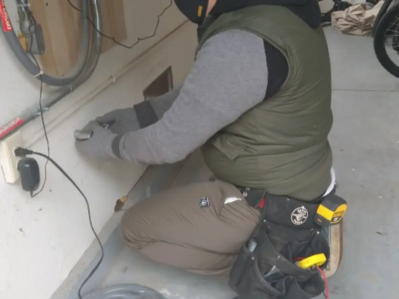 Electrician performing outlet wiring in a Whiskey Creek garage